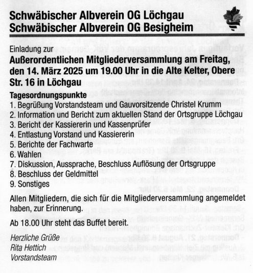 Einladung zur außerordenrlichen Versammlung